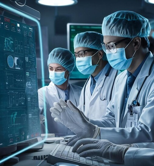 Collage of 2 images. First image is of 2 professionals standing and looking into a tablet. Second image is of multiple professionals working on their machines.