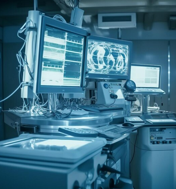 Collage of 2 images. First image is of 2 professionals standing and looking into a tablet. Second image is of multiple professionals working on their machines.