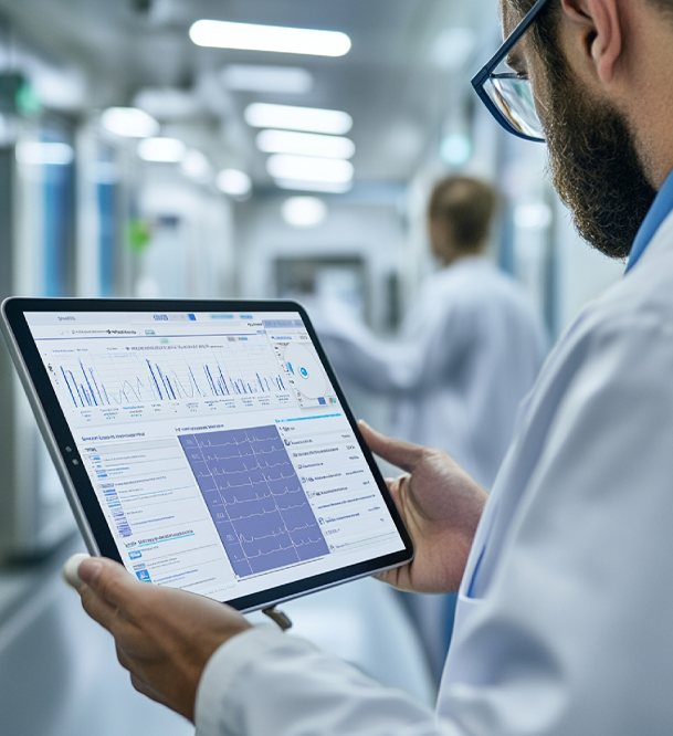 Collage of 2 images. First image is of 2 professionals standing and looking into a tablet. Second image is of multiple professionals working on their machines.