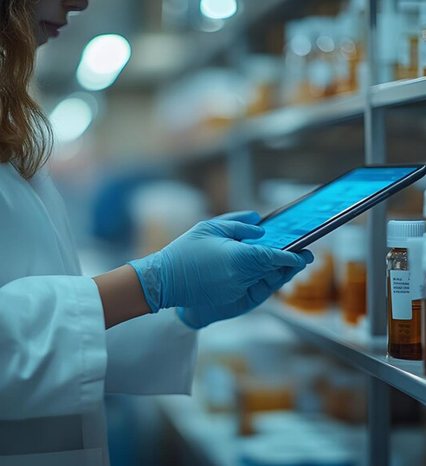 Collage of 2 images. First image is of 2 professionals standing and looking into a tablet. Second image is of multiple professionals working on their machines.