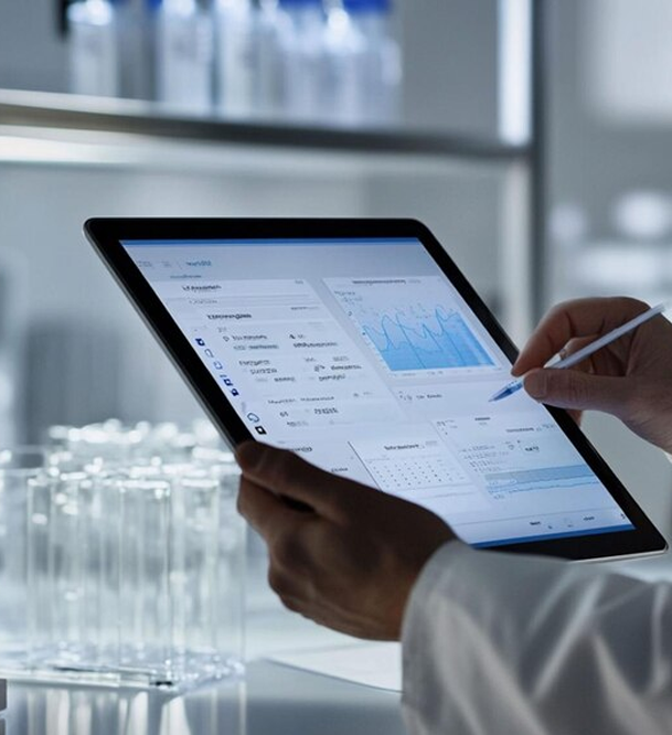 Collage of 2 images. First image is of 2 professionals standing and looking into a tablet. Second image is of multiple professionals working on their machines.