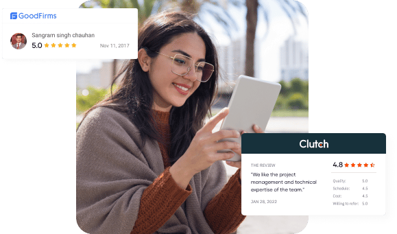 Smiling girl with spectacles looking at the tablet representing a happy customer review.