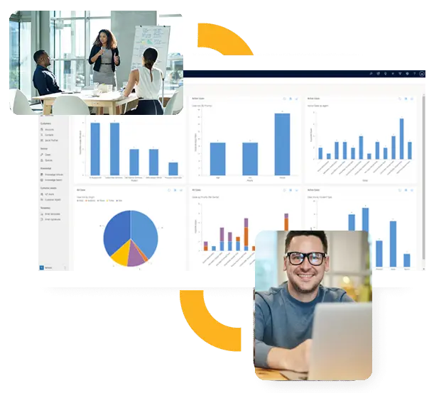 There is a collage of images showing people having a meeting and an individual man with a laptop and an image of an ERP Dashboard.