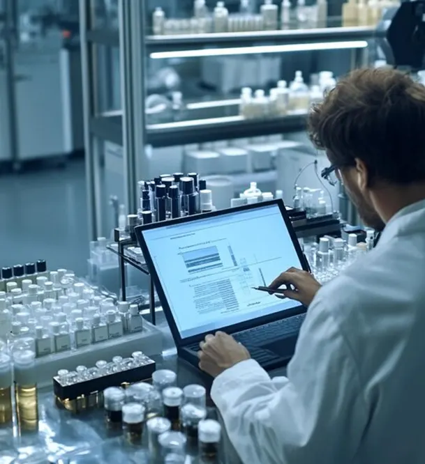 Collage of 2 images. First image is of 2 professionals standing and looking into a tablet. Second image is of multiple professionals working on their machines.