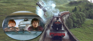 futuristic car driven by Harry potter